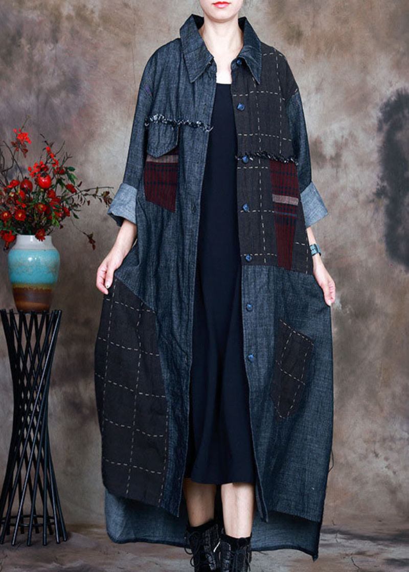 Modischer Blauer Peterpan-kragen Karierter Patchwork-wintermantel Aus Denim - Damen-Trenchcoats