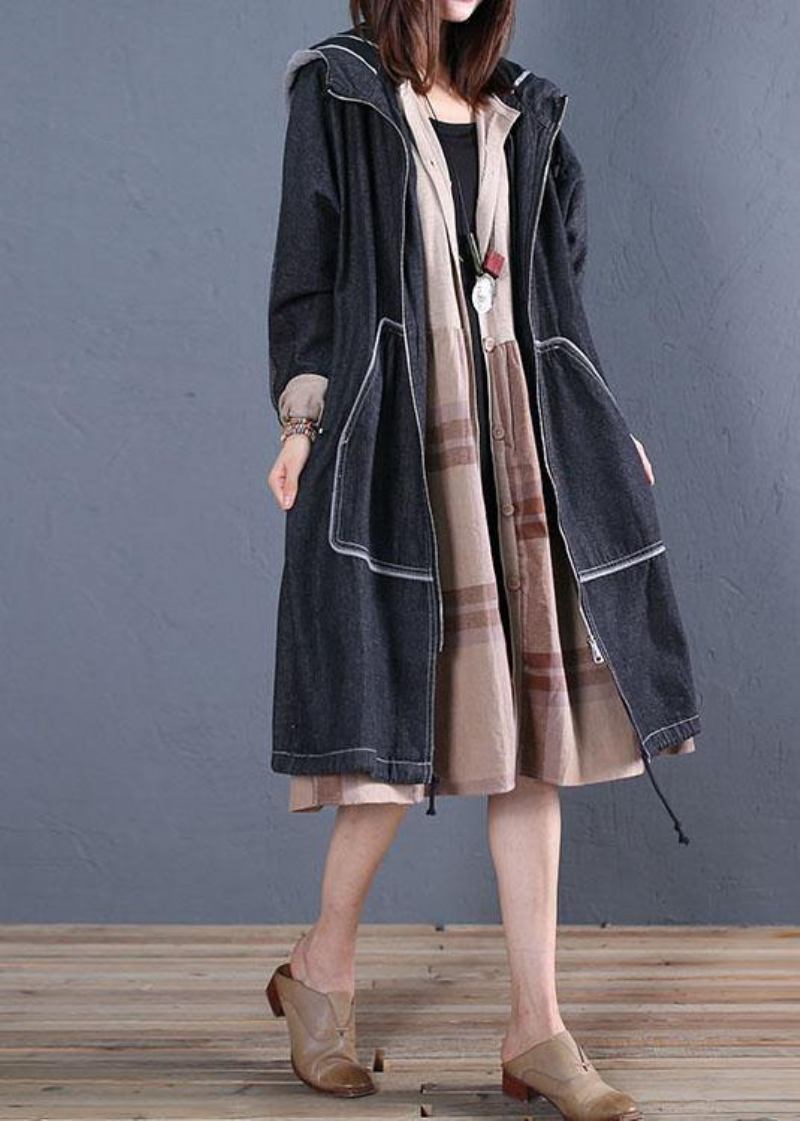 Modischer Trenchcoat In Übergröße Schwarzer Mantel Mit Kapuze Für Den Herbst - Damen-Trenchcoats