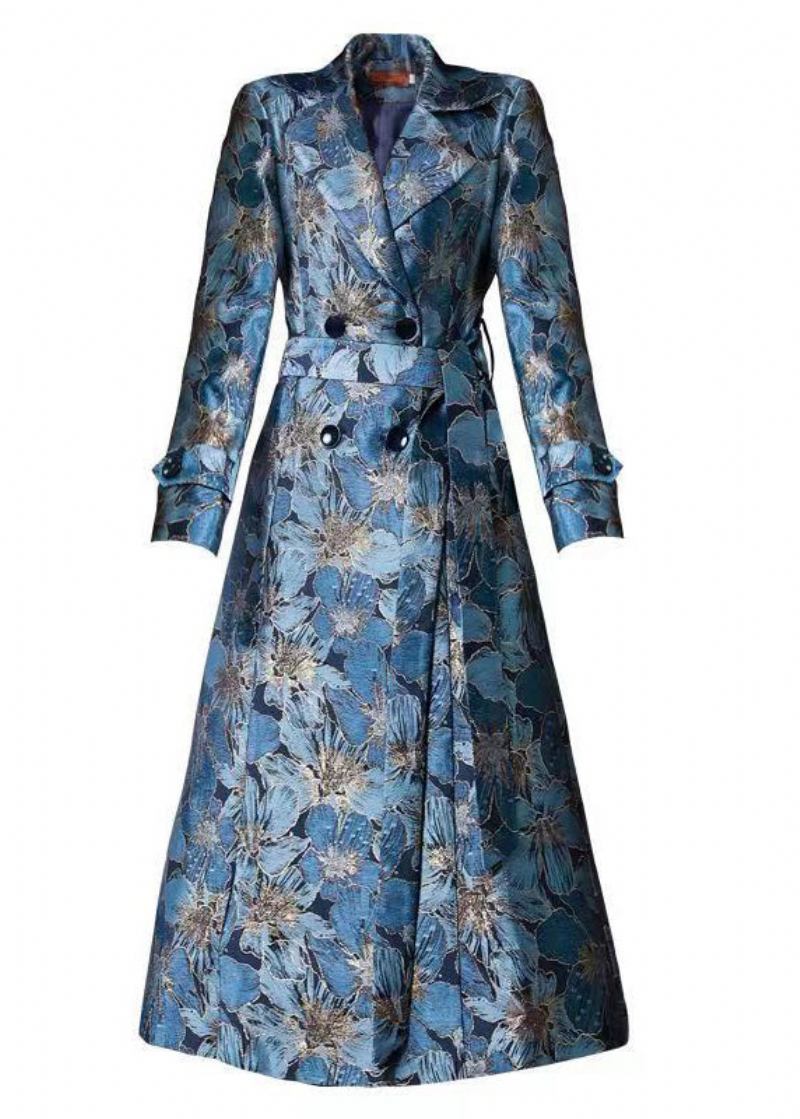 Natürliche Blaue Zweireiher Jacquard Taschen Patchwork Baumwolle Trenchcoat Herbst - Damen-Trenchcoats