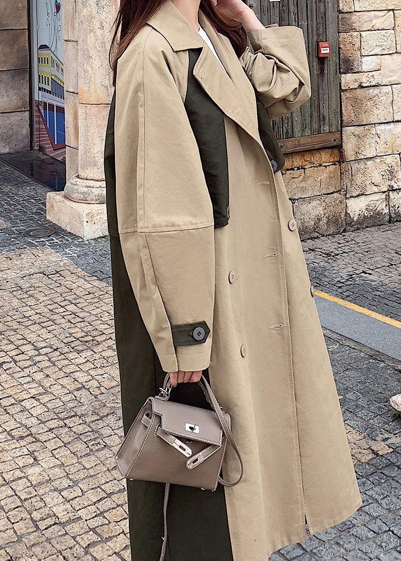 Natürliche Doppelreihige Feine Patchwork Lange Mäntel Khaki Übergroße - Damen-Trenchcoats