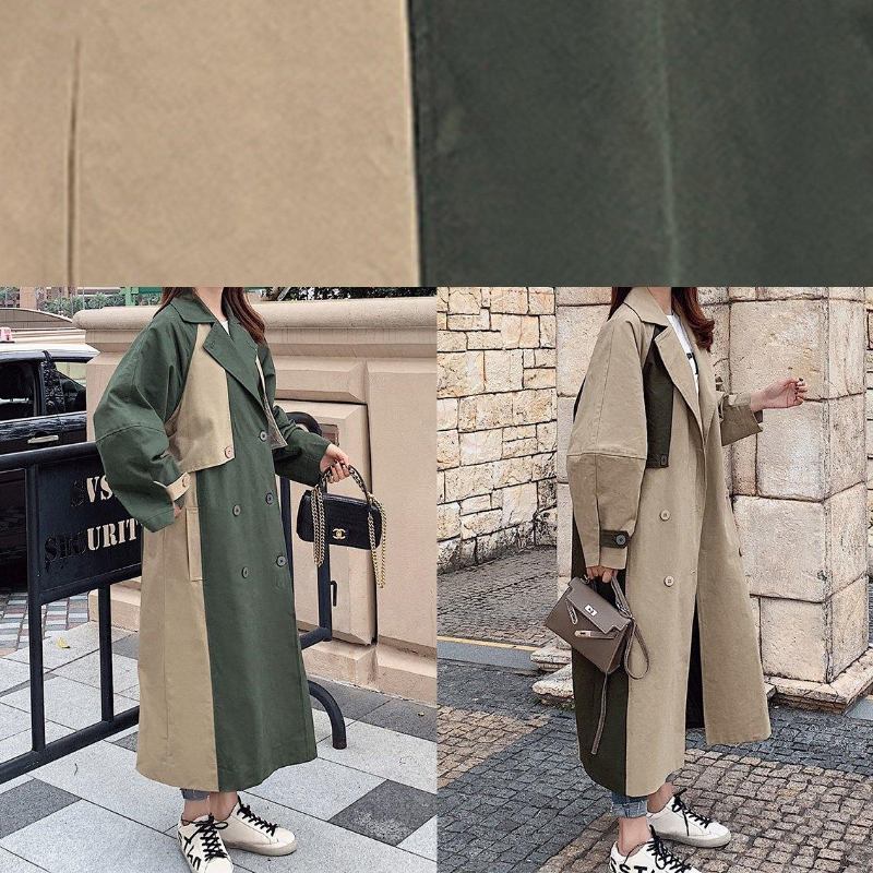 Natürliche Doppelreihige Feine Patchwork Lange Mäntel Khaki Übergroße - Damen-Trenchcoats