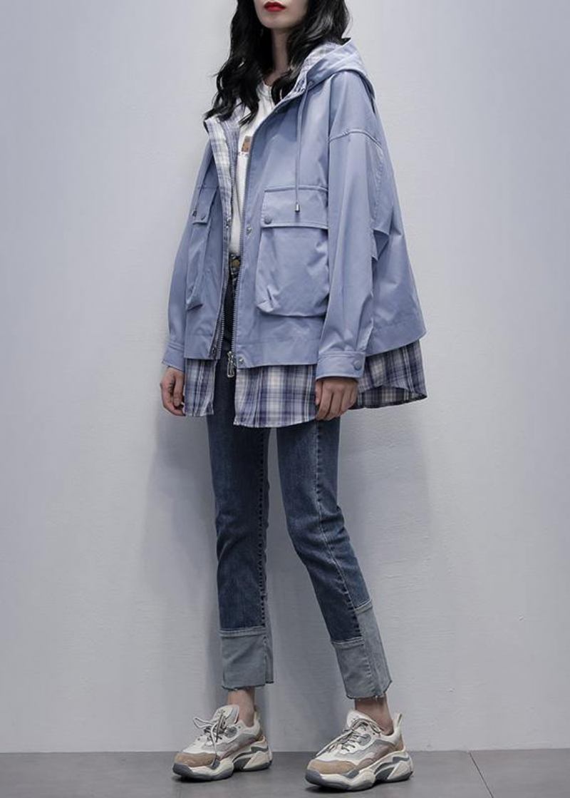 Natürliche Grau Blau Patchwork Plaid Feine Graben Mantel Shirts Mit Kapuze Taschen Outwears - Damen-Trenchcoats