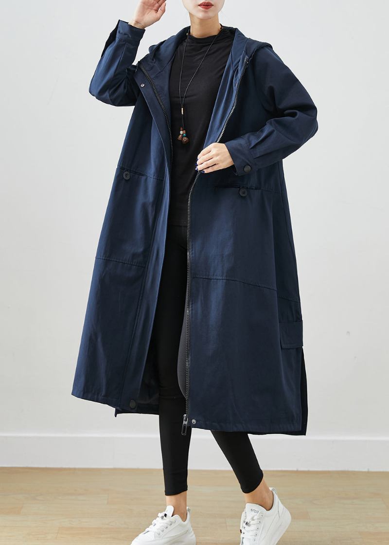 Natürliche Marine Übergroße Taschen Baumwolle Trenchcoat Herbst