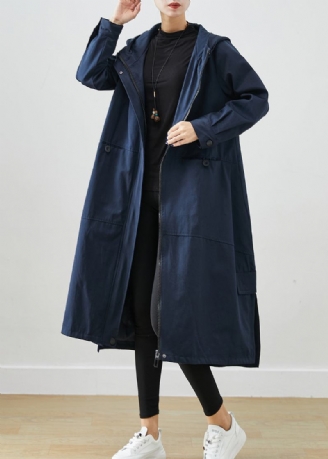 Natürliche Marine Übergroße Taschen Baumwolle Trenchcoat Herbst