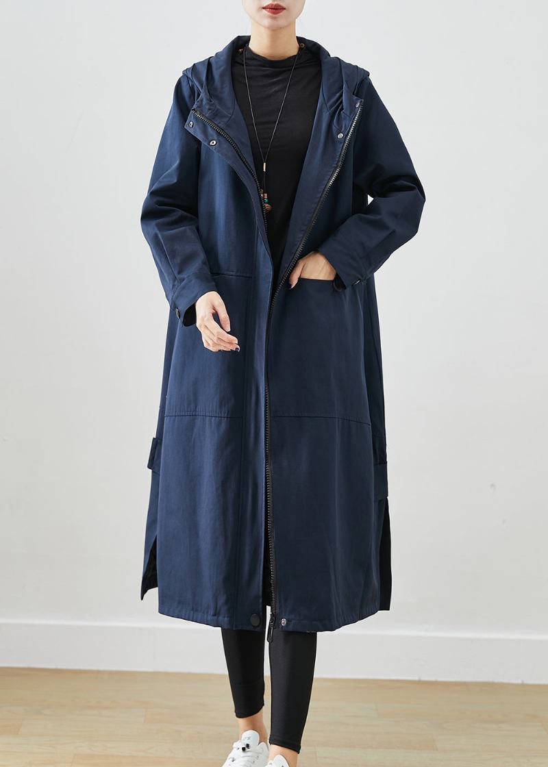 Natürliche Marine Übergroße Taschen Baumwolle Trenchcoat Herbst - Damen-Trenchcoats