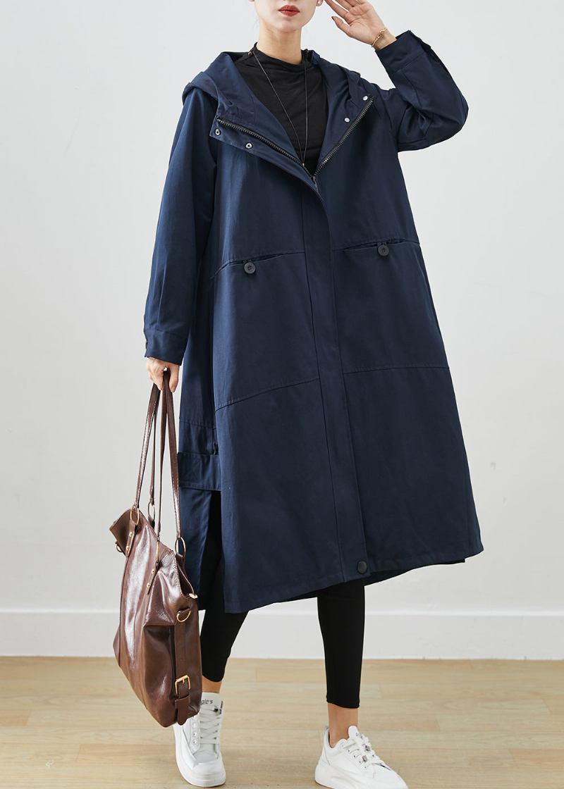 Natürliche Marine Übergroße Taschen Baumwolle Trenchcoat Herbst - Damen-Trenchcoats