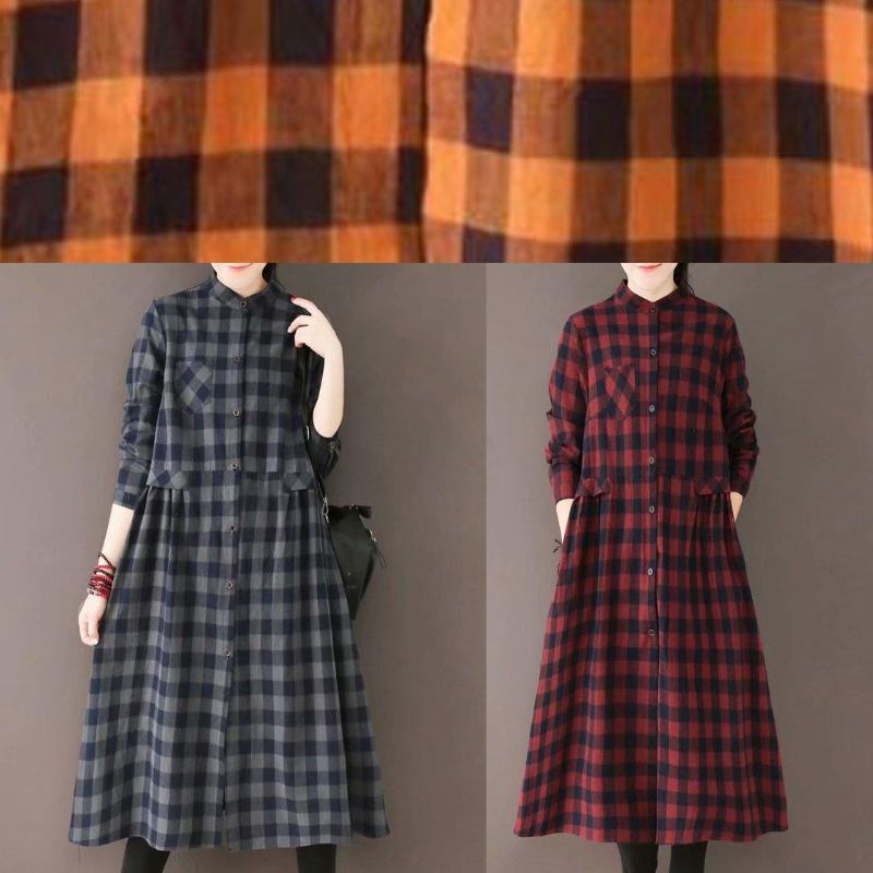 Natürliches Burgunderrotes Plaid Quilting Kleider Stehkragen Taschen Lange Frühlingskleider - gelb