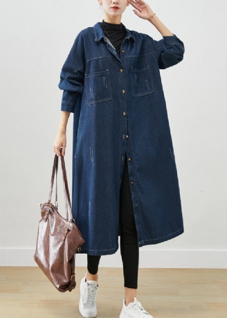 Navy Denim Trenchcoats Übergroße Taschen Herbst