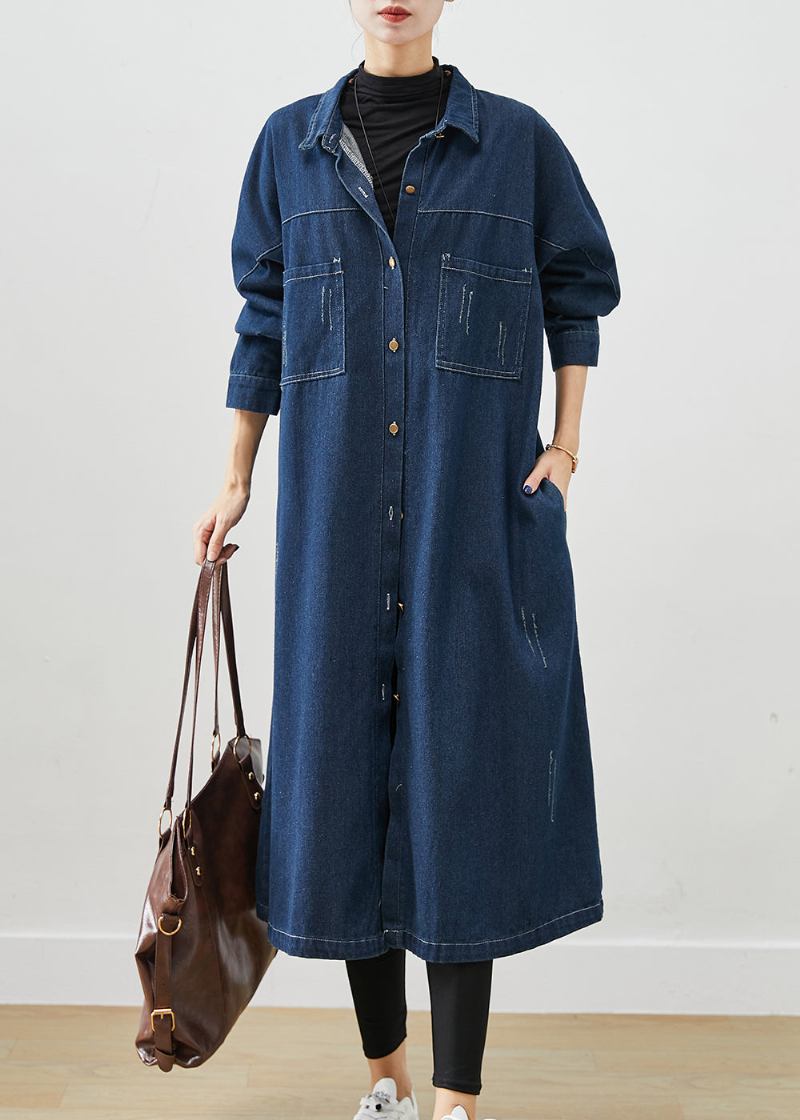 Navy Denim Trenchcoats Übergroße Taschen Herbst - Damen-Trenchcoats