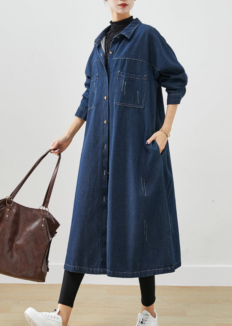 Navy Denim Trenchcoats Übergroße Taschen Herbst - Damen-Trenchcoats