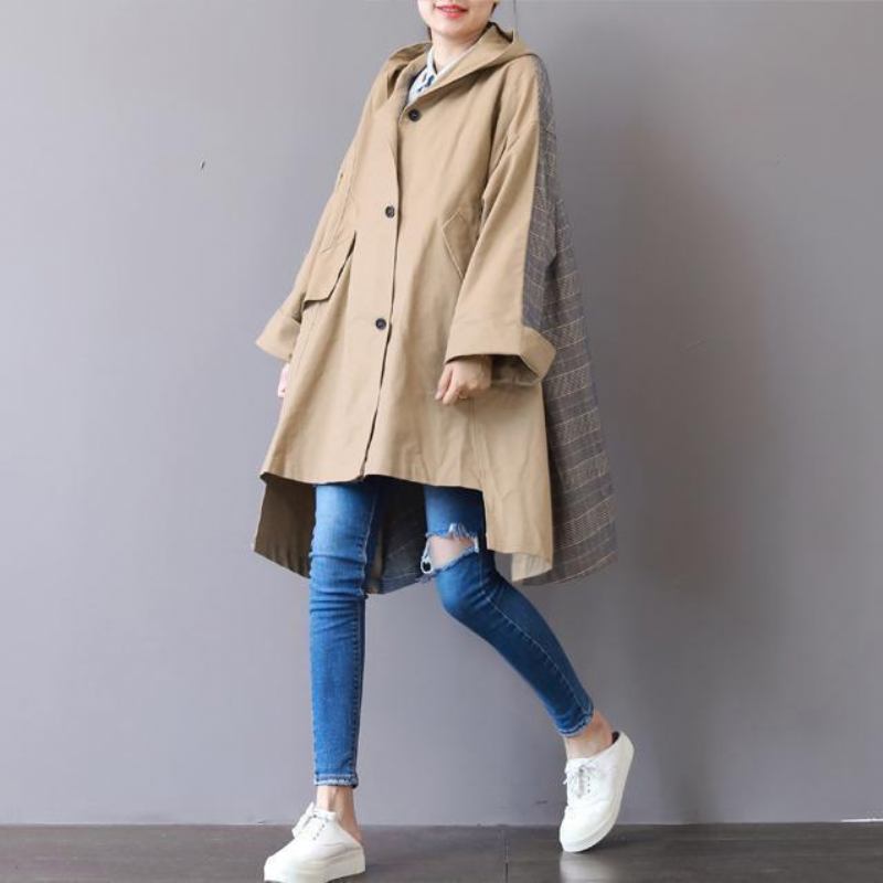 Neu Khaki Mäntel Plus Größe Mit Kapuze Low High Design Mantel Boutique Patchwork Winter - Damen-Trenchcoats