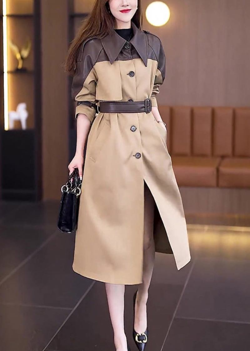 Neu Khaki Taste Krawatte Taille Patchwork Baumwolle Lange Trenchcoat - Damen-Trenchcoats