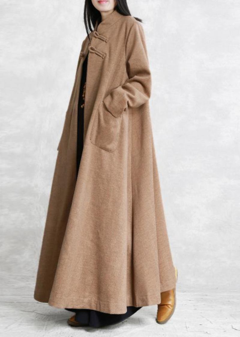 Neu Khaki Wolle Mantel Plus Größe Stehkragen Chinesischen Knopf Lange Jacken - Damen-Trenchcoats