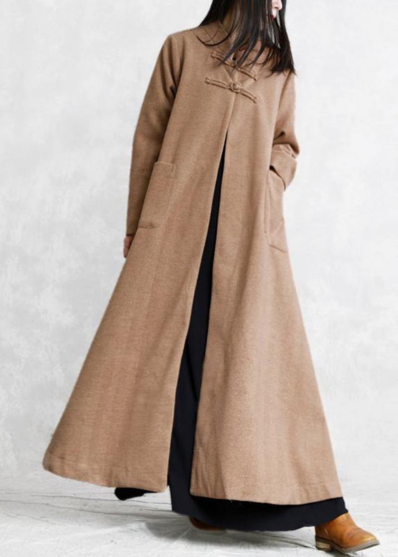 Neu Khaki Wolle Mantel Plus Größe Stehkragen Chinesischen Knopf Lange Jacken - Damen-Trenchcoats