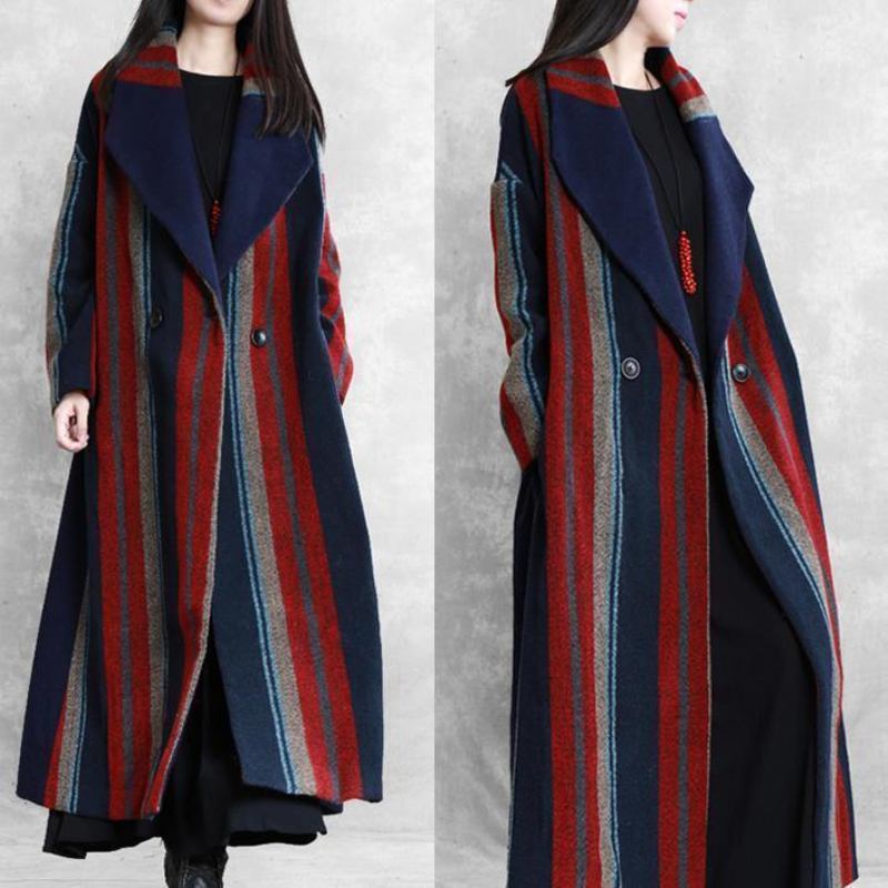 Neu Plus Size Maximantel Blau Rot Gestreift Revers Taillengürtel Wolljacken - Damen-Trenchcoats