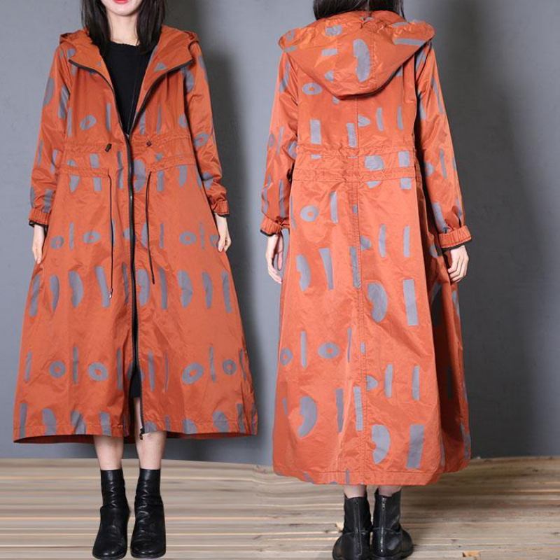 Neu Übergroße Jacken Mäntel Herbst Rot Drucke Kapuzen Mantel - Damen-Trenchcoats