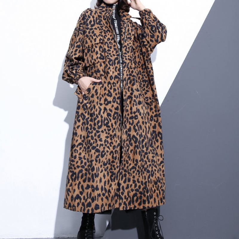 Neue Leopardenmäntel Übergrößen Kleidung Stehen Reißverschluss Trenchcoat Damen Langarm Taschen Baggy Baumwollmischung Mantel - Leopard