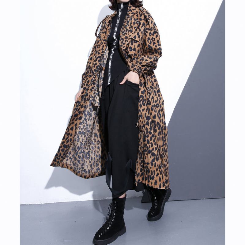 Neue Leopardenmäntel Übergrößen Kleidung Stehen Reißverschluss Trenchcoat Damen Langarm Taschen Baggy Baumwollmischung Mantel - Leopard