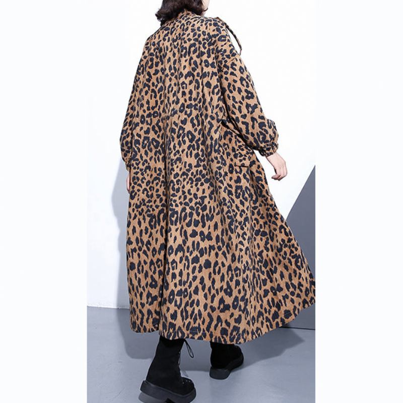 Neue Leopardenmäntel Übergrößen Kleidung Stehen Reißverschluss Trenchcoat Damen Langarm Taschen Baggy Baumwollmischung Mantel - Leopard