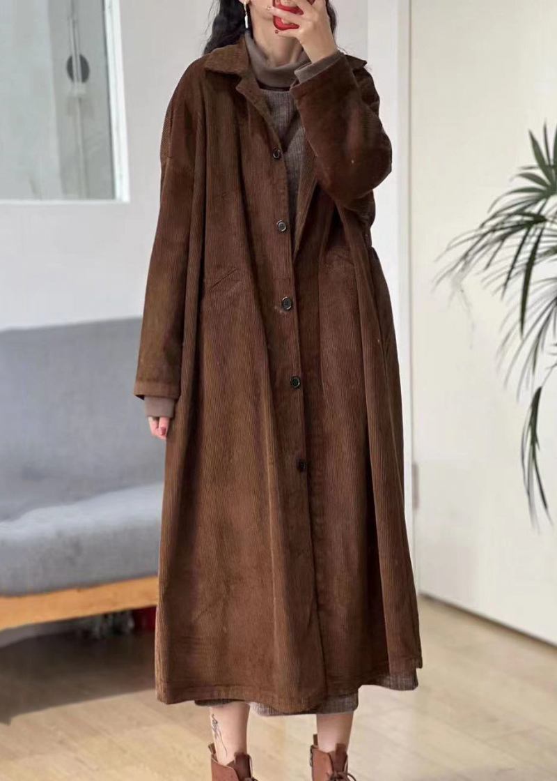 Neuer Langer Trenchcoat Aus Cord Mit Langen Ärmeln Und Knopftaschen In Karamellfarbe - Damen-Trenchcoats