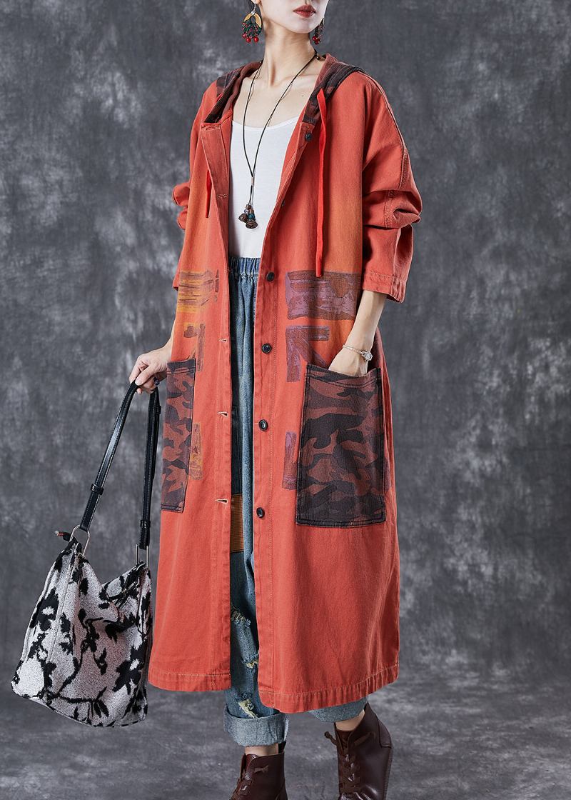 Orange Patchwork Baumwolle Trenchcoat Übergroße Große Taschen Herbst