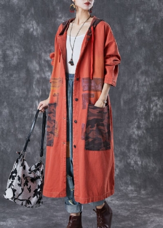 Orange Patchwork Baumwolle Trenchcoat Übergroße Große Taschen Herbst