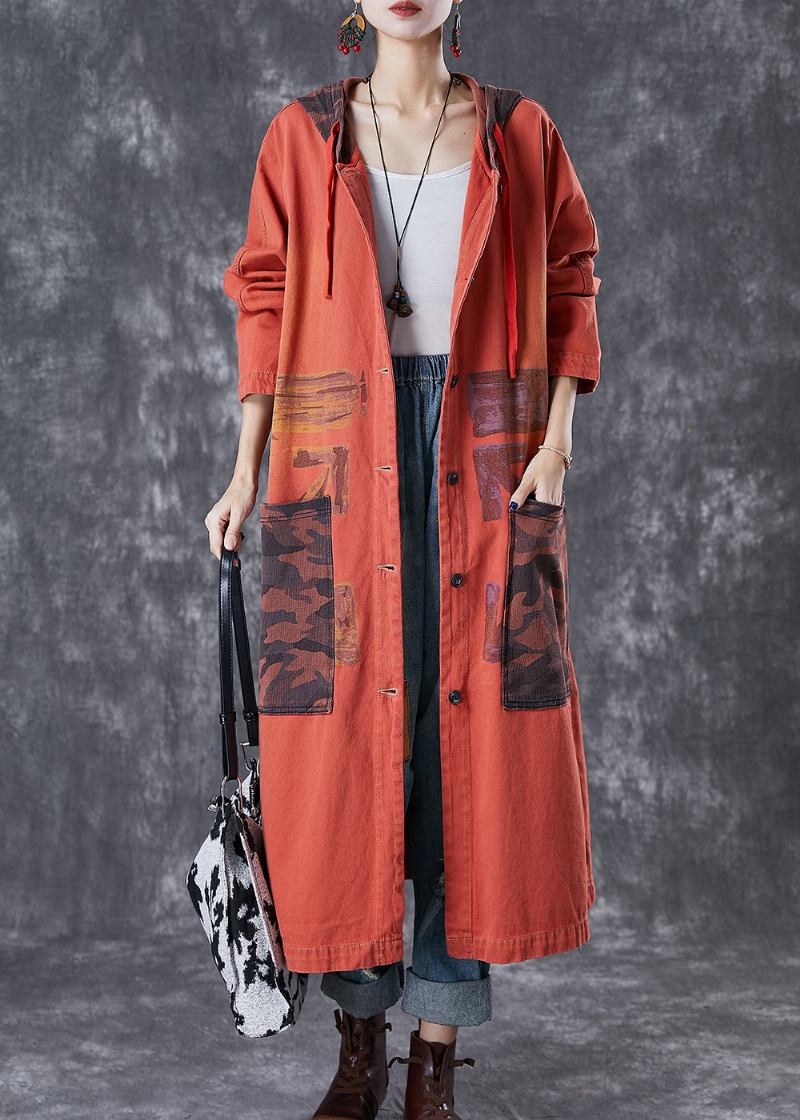 Orange Patchwork Baumwolle Trenchcoat Übergroße Große Taschen Herbst - Damen-Trenchcoats