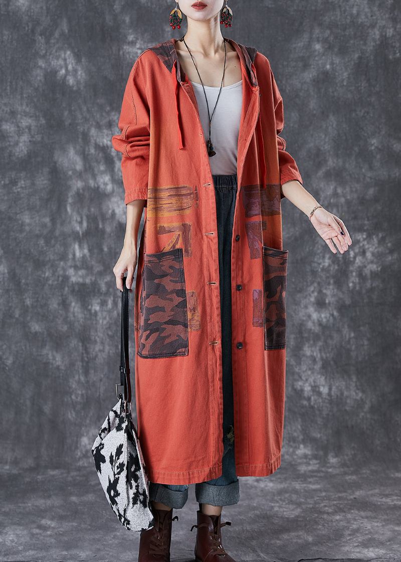 Orange Patchwork Baumwolle Trenchcoat Übergroße Große Taschen Herbst - Damen-Trenchcoats