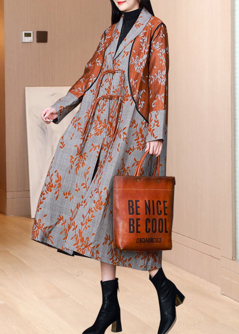 Orange Taschen Druck Baumwolle Trenchcoat Quaste Chinesischen Knopf Herbst - Damen-Trenchcoats