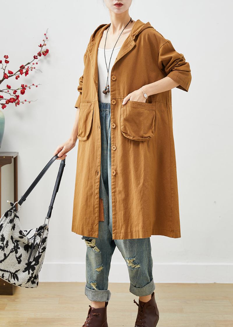 Orangefarbener Baumwollmantel Mit Kapuze Und Taschen Oberbekleidung Frühling - Damen-Trenchcoats