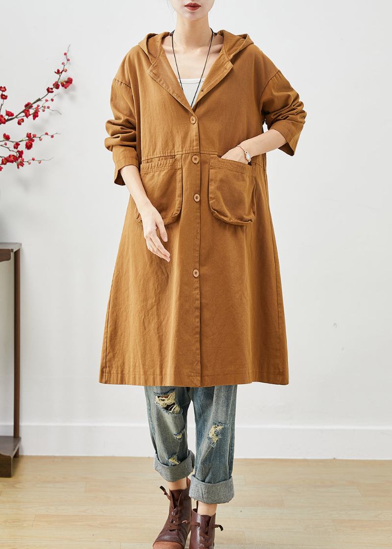 Orangefarbener Baumwollmantel Mit Kapuze Und Taschen Oberbekleidung Frühling - Damen-Trenchcoats