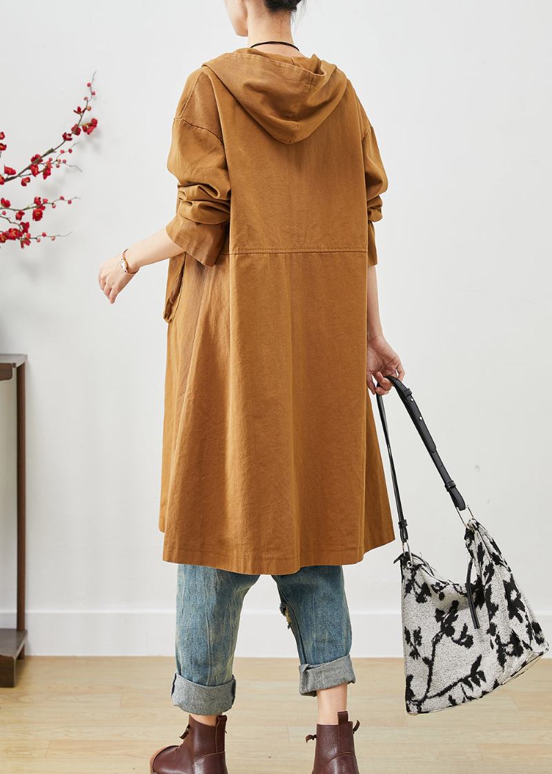 Orangefarbener Baumwollmantel Mit Kapuze Und Taschen Oberbekleidung Frühling - Damen-Trenchcoats