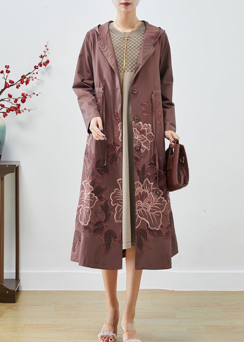 Pale Mauve Spandex Trenchcoat Bestickte Krawatte Taille Herbst - Damen-Trenchcoats