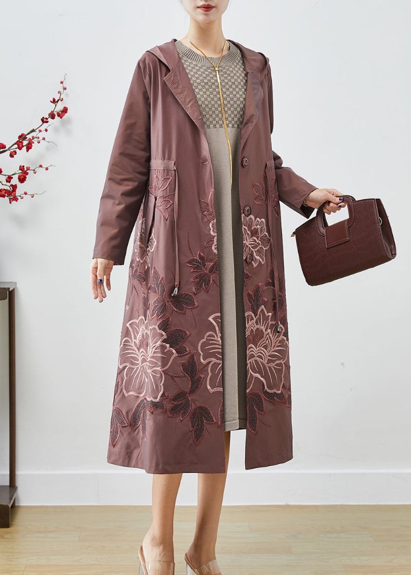 Pale Mauve Spandex Trenchcoat Bestickte Krawatte Taille Herbst - Damen-Trenchcoats