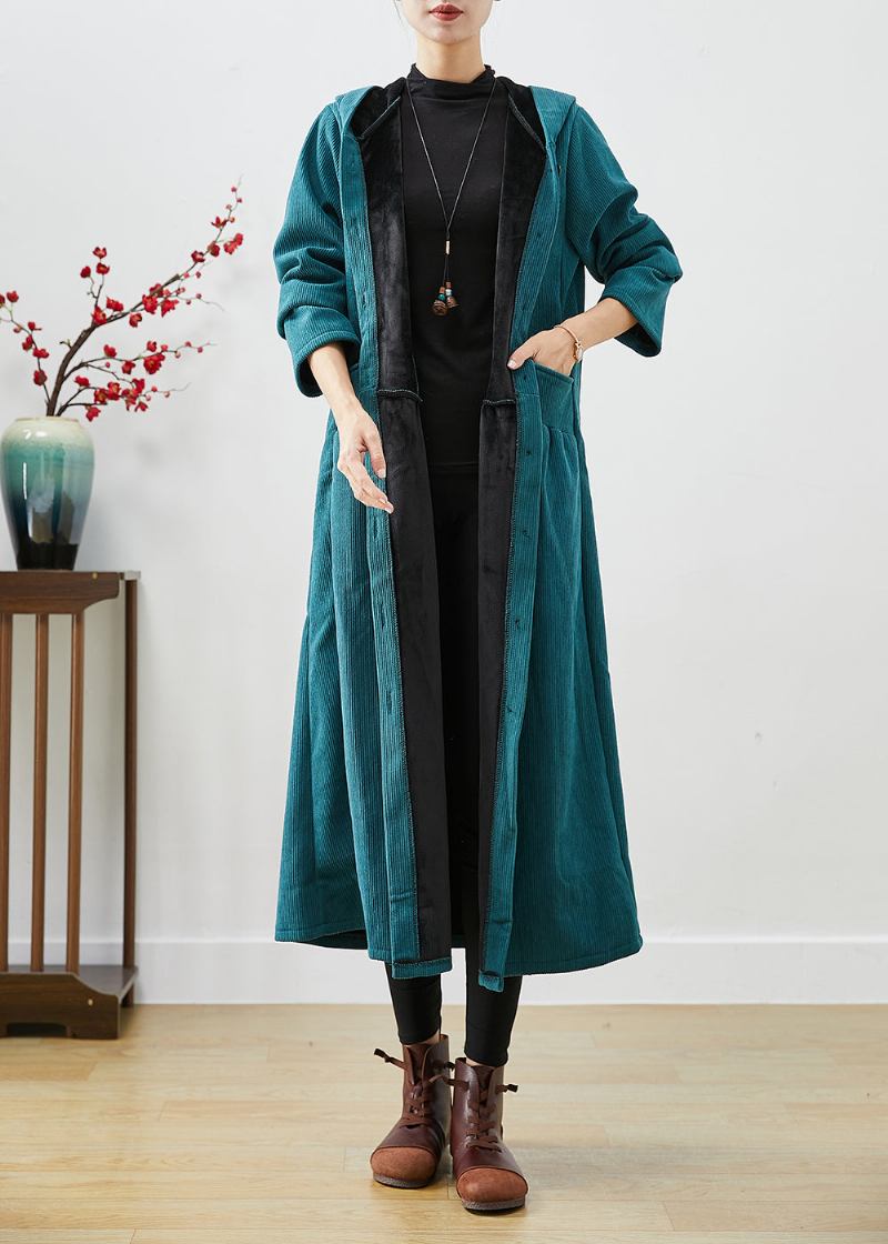 Pfau Grün Übergroßen Warmen Fleece Cord Trenchcoat Mit Kapuze Winter