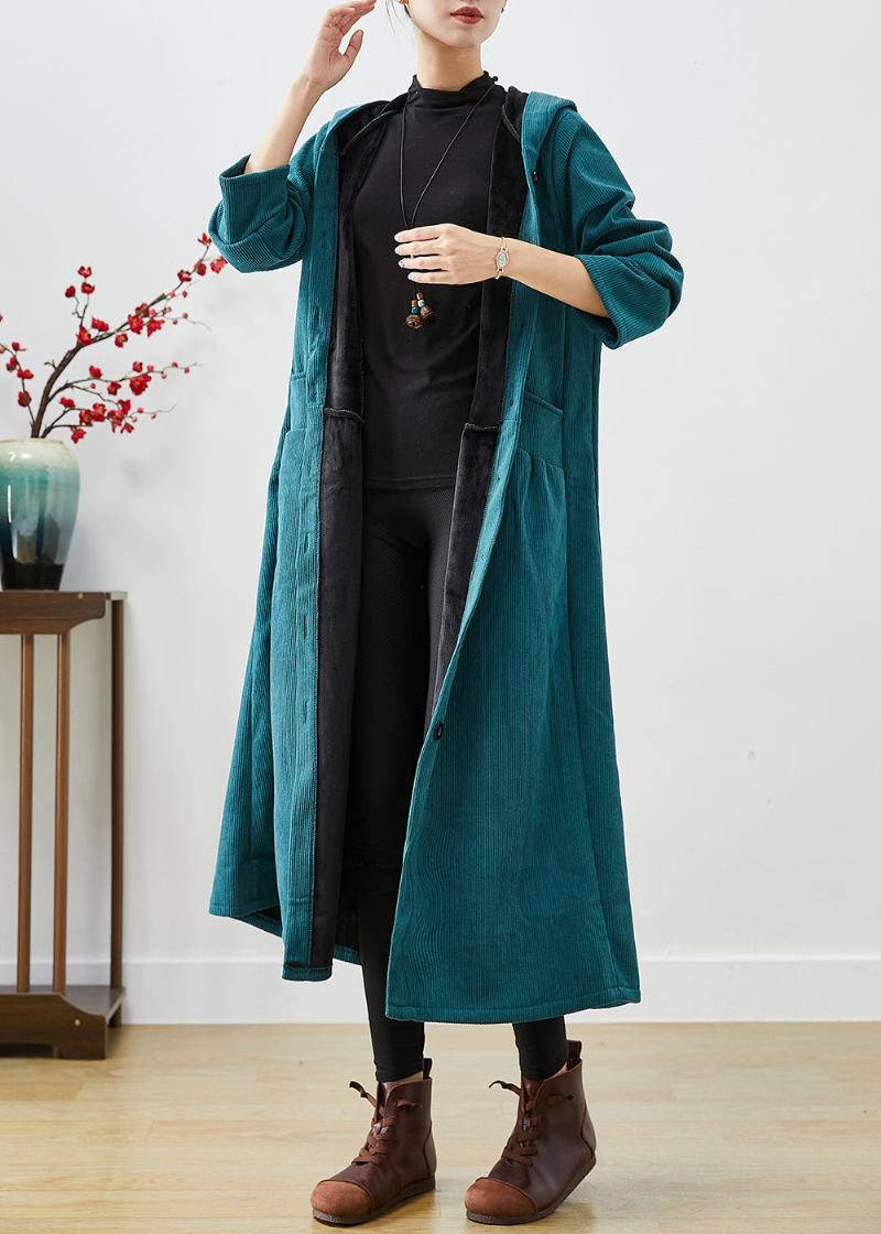 Pfau Grün Übergroßen Warmen Fleece Cord Trenchcoat Mit Kapuze Winter - Damen-Trenchcoats