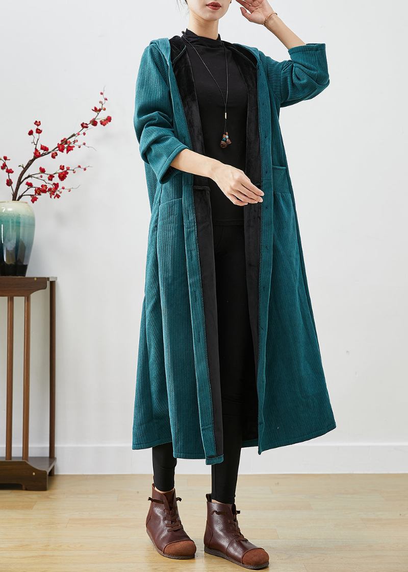 Pfau Grün Übergroßen Warmen Fleece Cord Trenchcoat Mit Kapuze Winter - Damen-Trenchcoats