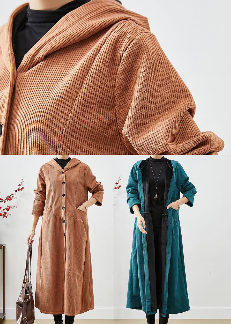 Pfau Grün Übergroßen Warmen Fleece Cord Trenchcoat Mit Kapuze Winter - Damen-Trenchcoats