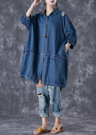 Plus Größe Blau Übergroßen Patchwork Denim Zerrissenen Trenchcoats Herbst