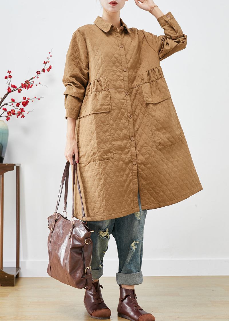 Plus Größe Khaki Cinched Plaid Taschen Feine Baumwolle Gefüllt Trenchcoat Winter