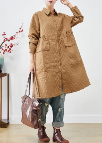 Plus Größe Khaki Cinched Plaid Taschen Feine Baumwolle Gefüllt Trenchcoat Winter