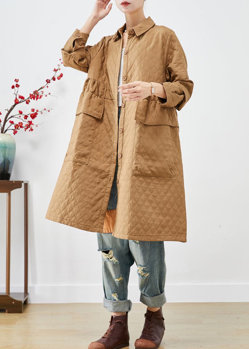 Plus Größe Khaki Cinched Plaid Taschen Feine Baumwolle Gefüllt Trenchcoat Winter - Damen-Trenchcoats