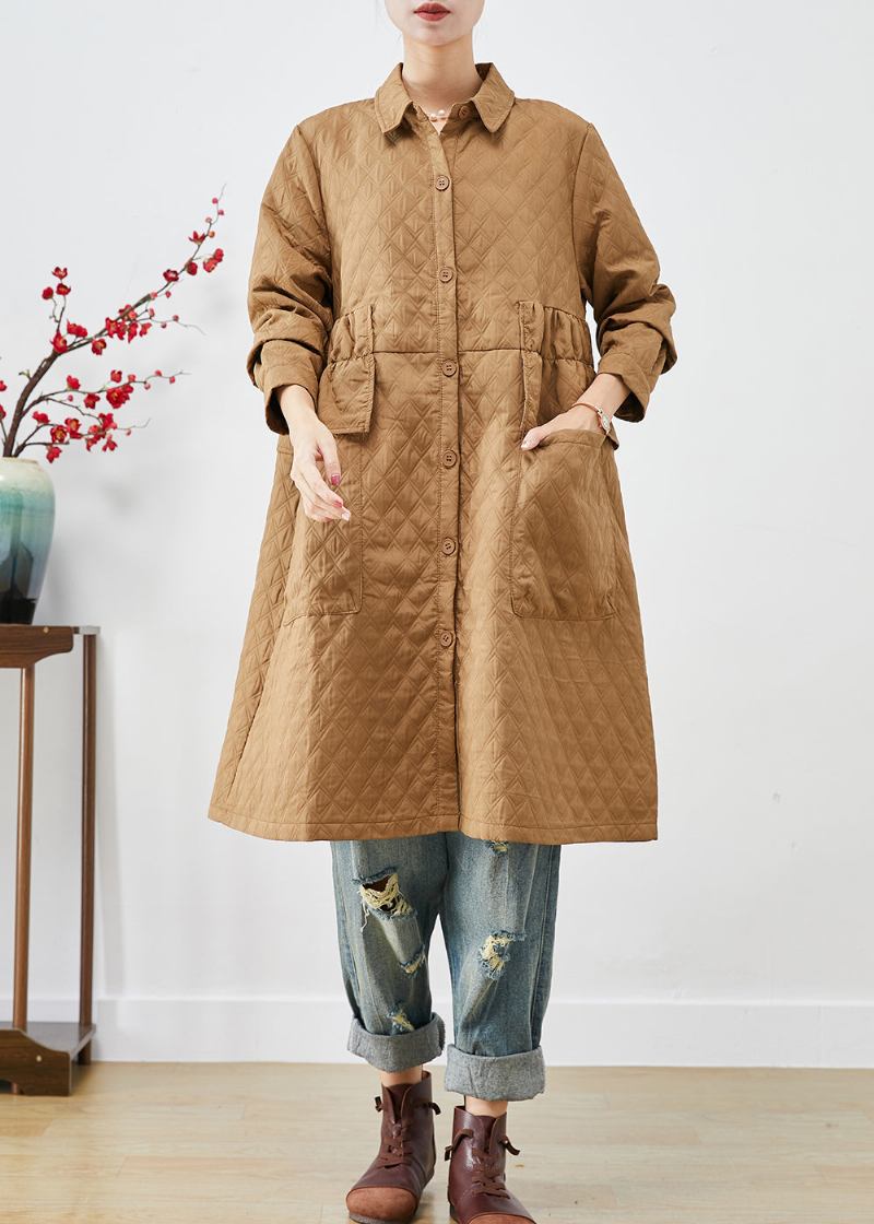 Plus Größe Khaki Cinched Plaid Taschen Feine Baumwolle Gefüllt Trenchcoat Winter - Damen-Trenchcoats