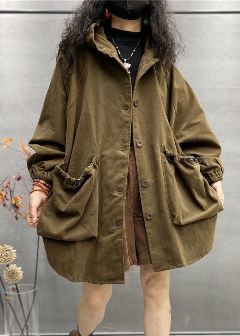 Plus Größe Khaki Kapuze Kordelzug Große Taschen Baumwolle Mäntel Frühling - Damen-Trenchcoats