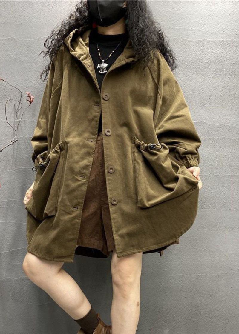 Plus Größe Khaki Kapuze Kordelzug Große Taschen Baumwolle Mäntel Frühling - Damen-Trenchcoats