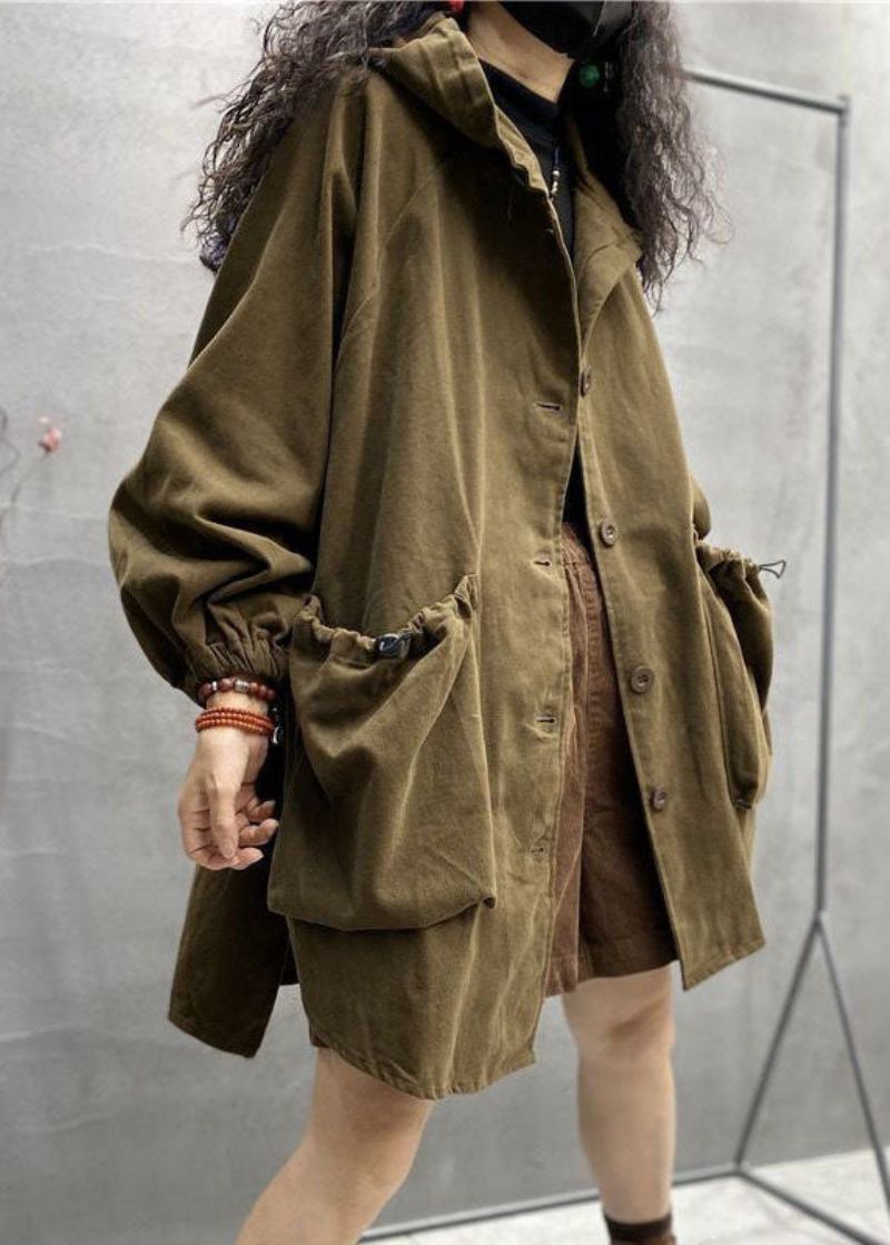 Plus Größe Khaki Kapuze Kordelzug Große Taschen Baumwolle Mäntel Frühling - Damen-Trenchcoats