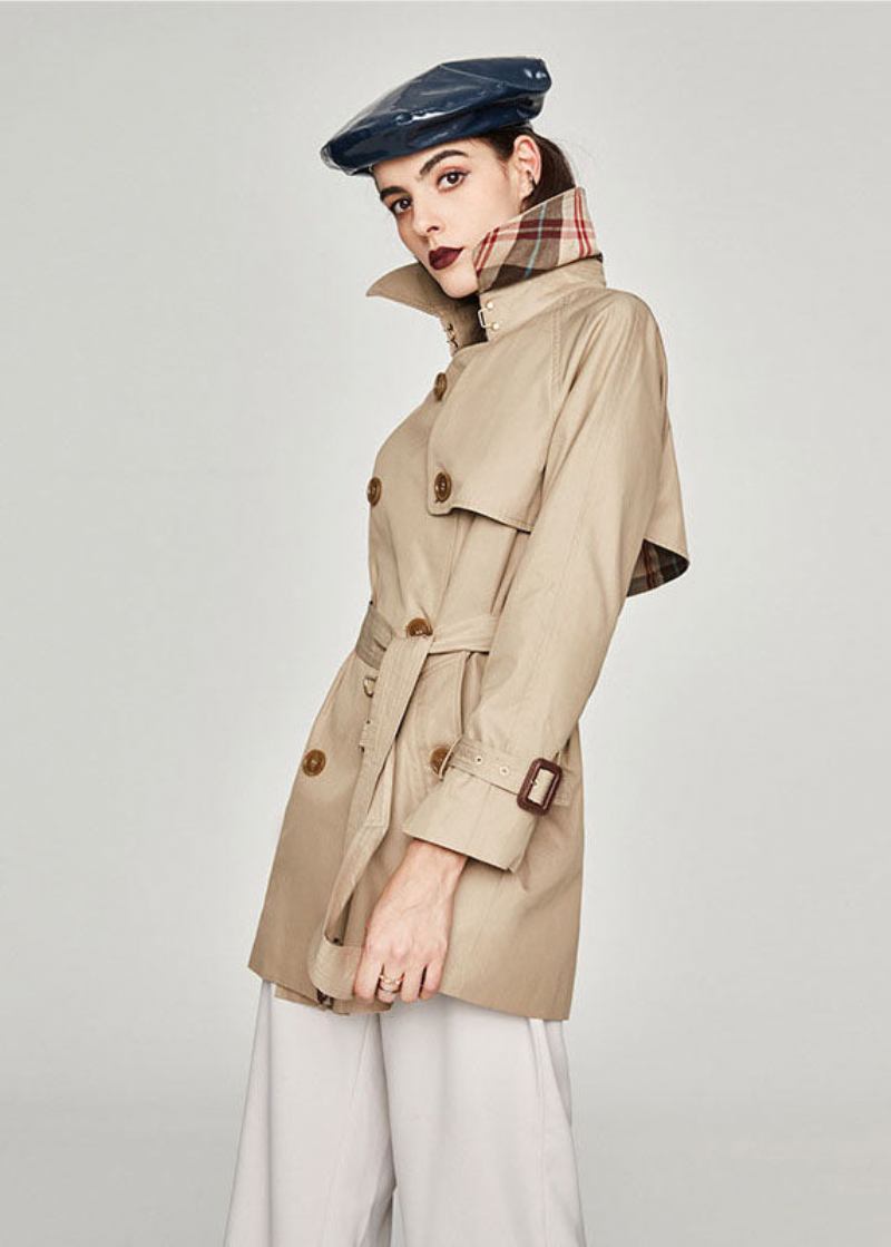 Plus Größe Khaki Peter Pan Kragen Schärpen Baumwolle Zweireiher Trenchcoat Frühling - Khaki