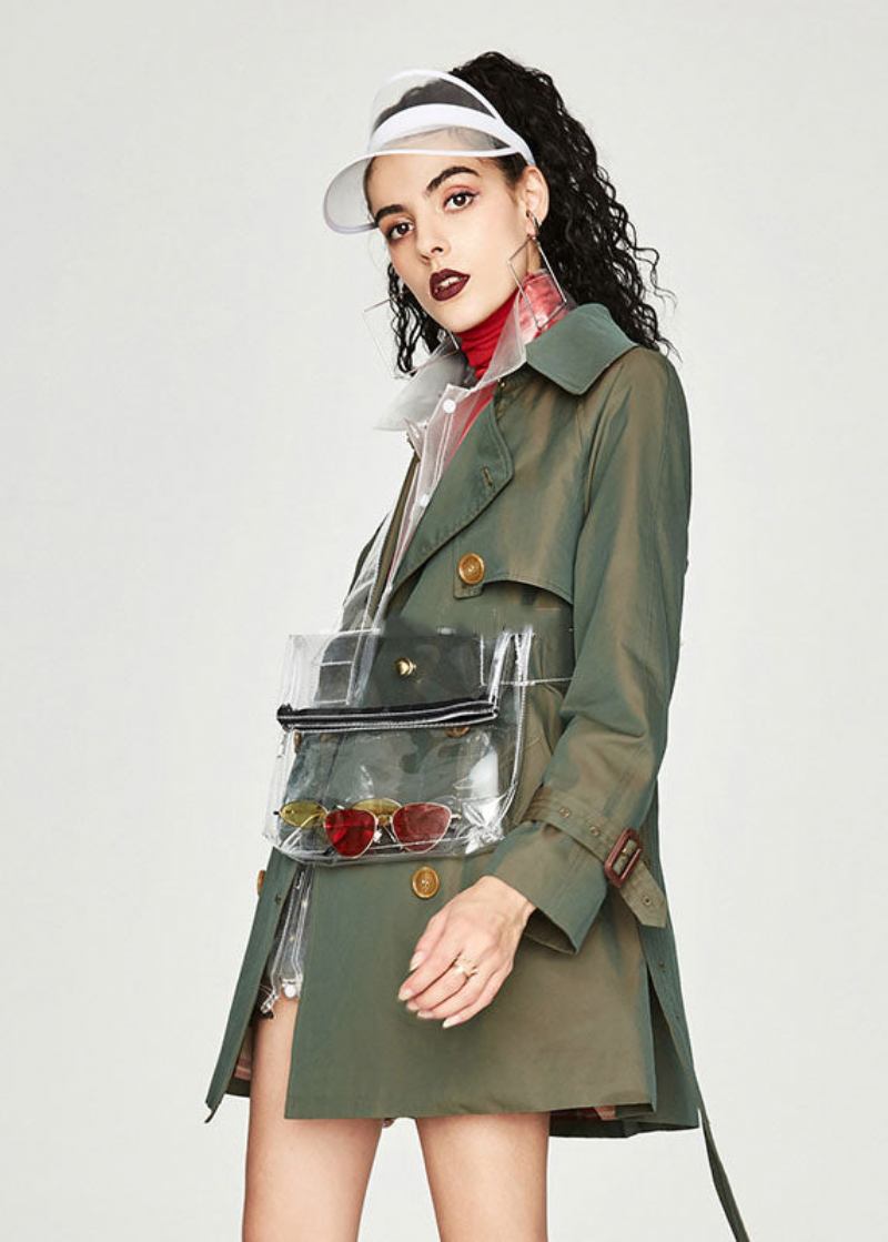 Plus Größe Khaki Peter Pan Kragen Schärpen Baumwolle Zweireiher Trenchcoat Frühling - Khaki