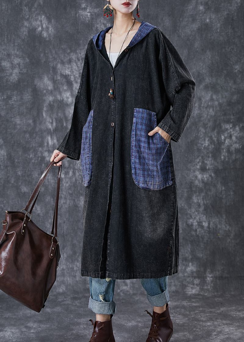 Plus Größe Schwarz Mit Kapuze Patchwork Große Taschen Denim Mäntel - Damen-Trenchcoats