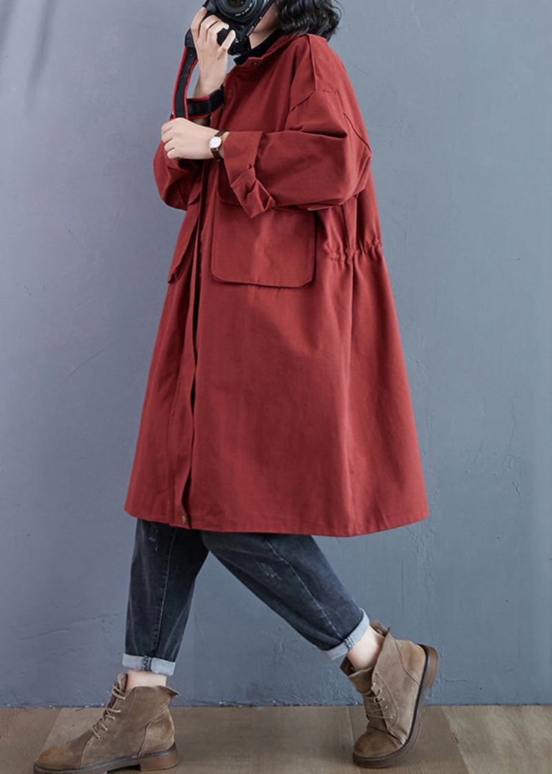 Plus Größe Ziegel Rot Zip Up Taschen Patchwork Baumwolle Trenchcoats Herbst - Damen-Trenchcoats